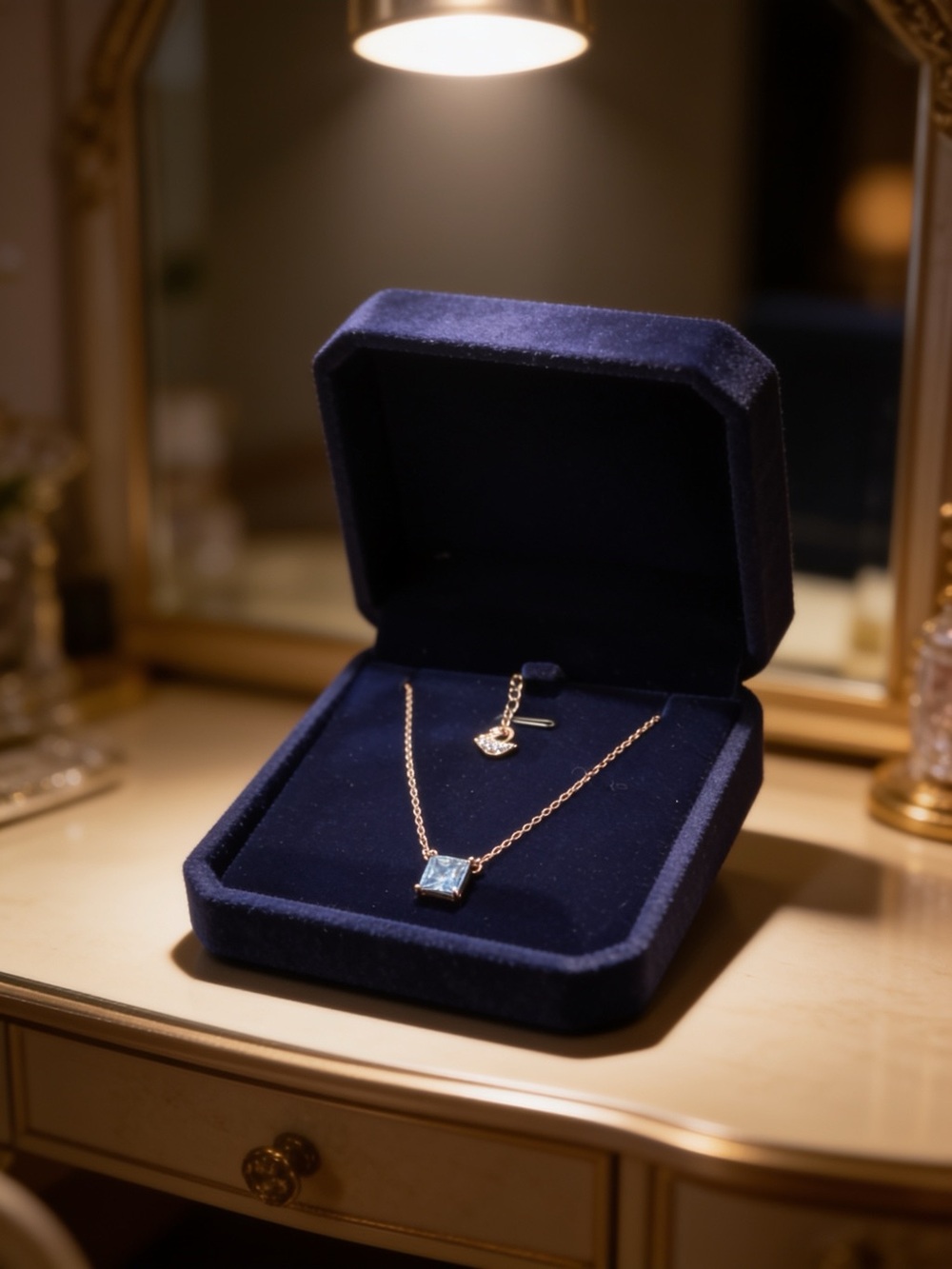 Rose Gold Pendant Necklace with Blue Gemstone